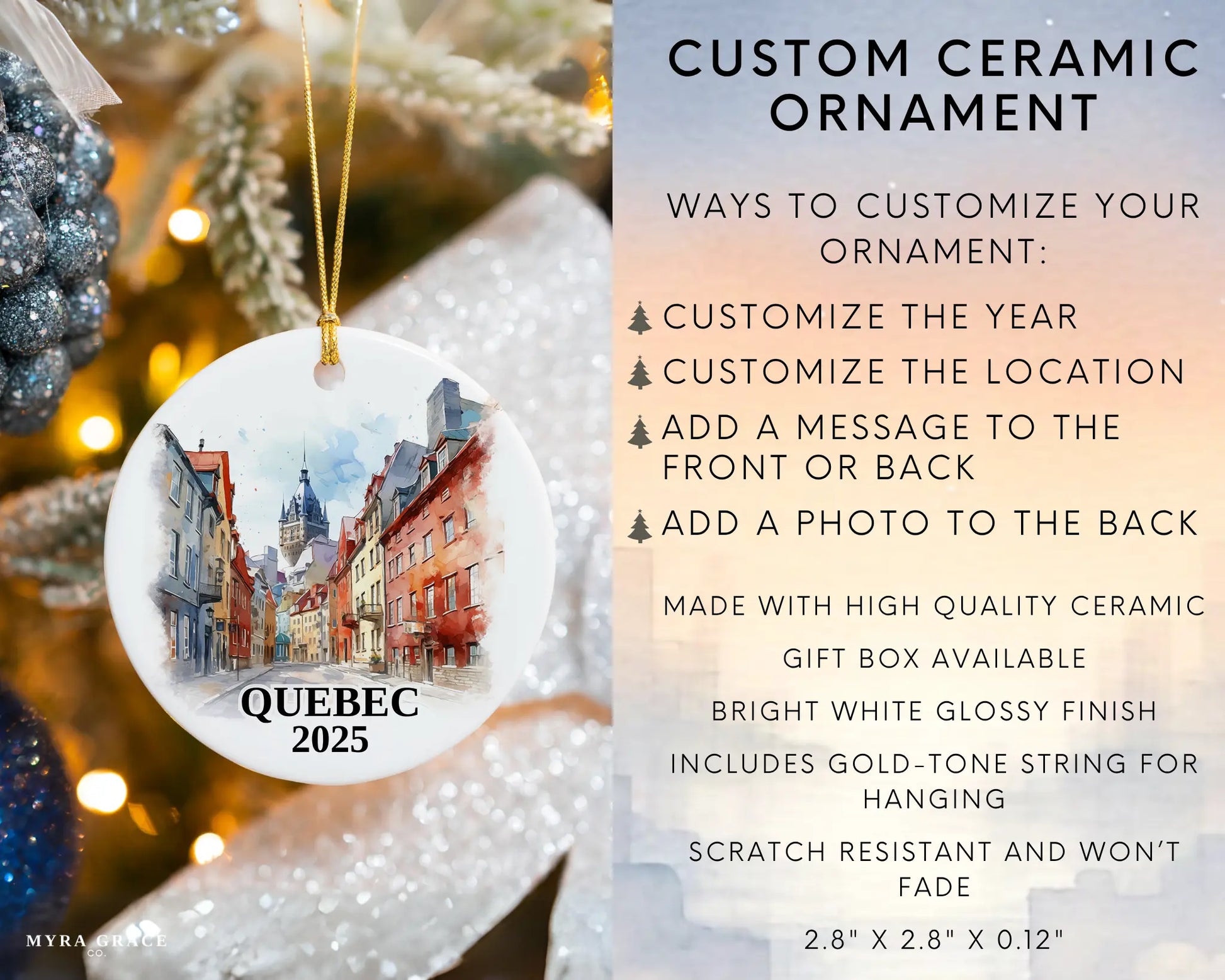 Custom Quebec ceramic photo ornament with personalized message – handmade Christmas bauble, gift souvenir, or vacation keepsake. Infographic