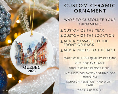 Custom Quebec ceramic photo ornament with personalized message – handmade Christmas bauble, gift souvenir, or vacation keepsake. Infographic