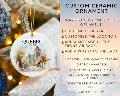 Custom Quebec ceramic photo ornament with personalized message – handmade Christmas bauble, gift souvenir, or vacation keepsake. Infographic