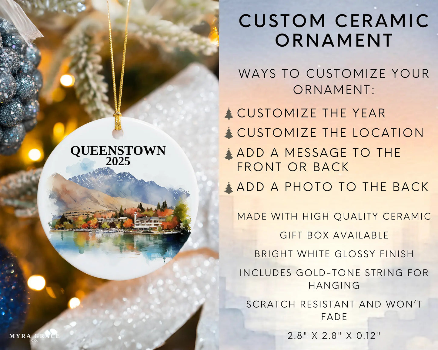 Custom Queenstown New Zealand ceramic photo ornament with personalized message – handmade Christmas bauble, gift souvenir, or vacation keepsake. Infographic