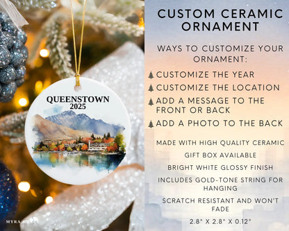 Custom Queenstown New Zealand ceramic photo ornament with personalized message – handmade Christmas bauble, gift souvenir, or vacation keepsake. Infographic