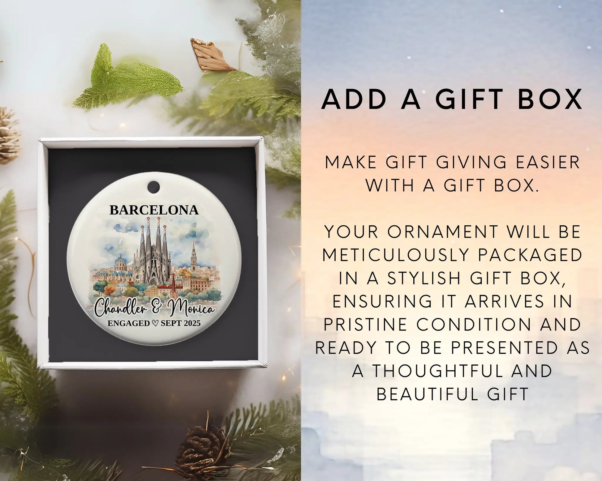 Barcelona Engagement Ornament Custom Gift Souvenir Bauble Present. Add Gift Box