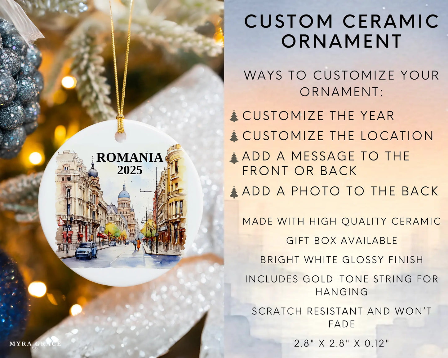 Custom Romania ceramic photo ornament with personalized message – handmade Christmas bauble, gift souvenir, or vacation keepsake. Infographic