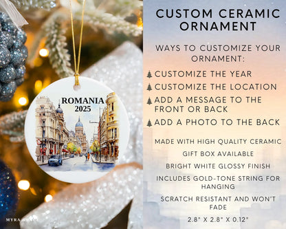 Custom Romania ceramic photo ornament with personalized message – handmade Christmas bauble, gift souvenir, or vacation keepsake. Infographic