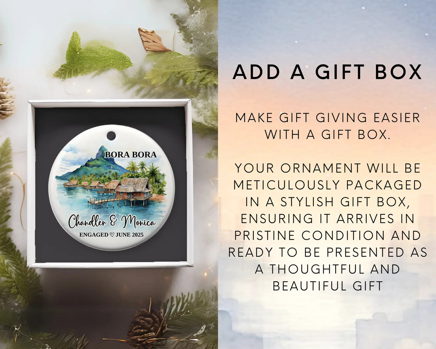 Bora Bora Engagement Ornament Custom Gift Souvenir Bauble Present. Add Gift Box