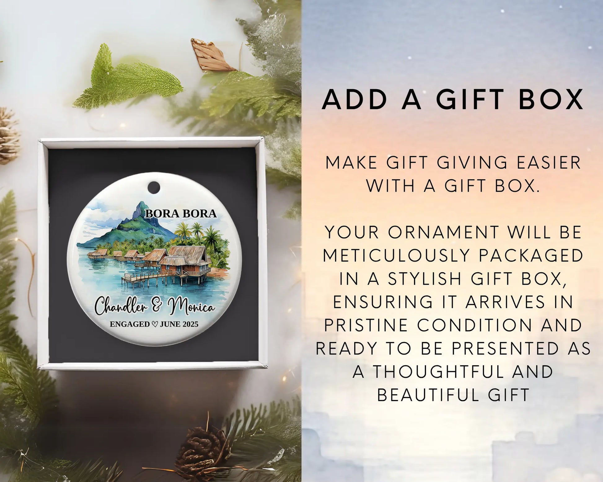 Bora Bora Engagement Ornament Custom Gift Souvenir Bauble Present. Add Gift Box