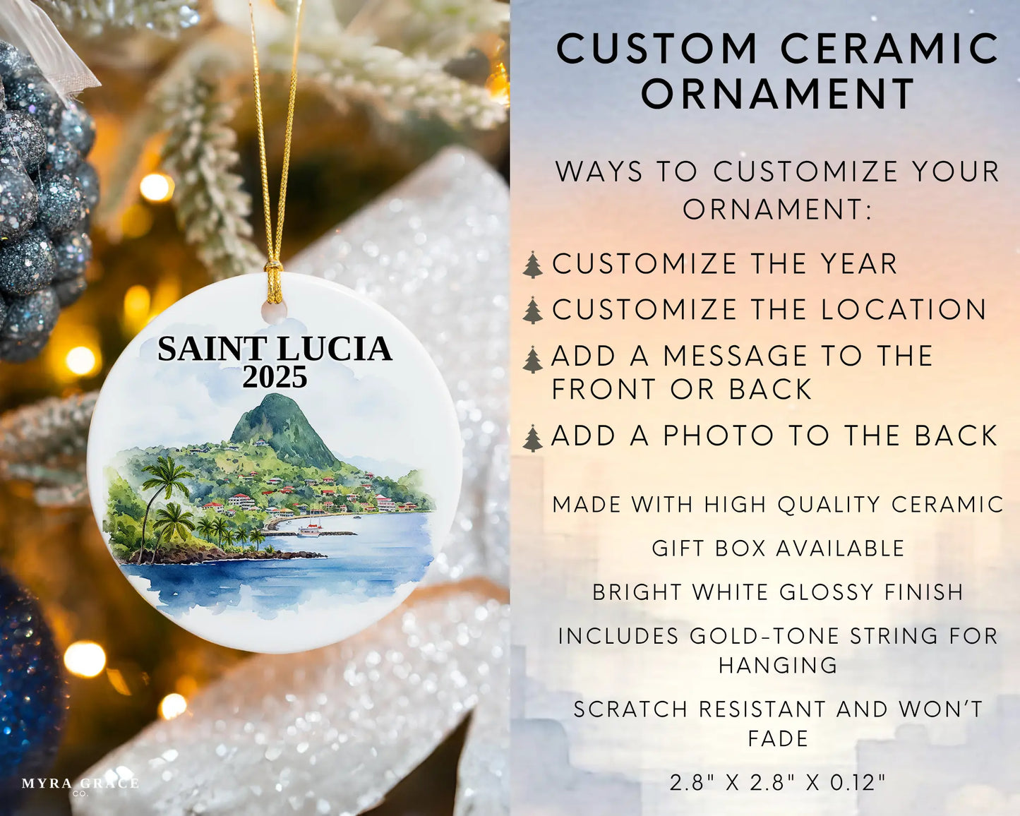 Custom Saint Lucia ceramic photo ornament with personalized message – handmade Christmas bauble, gift souvenir, or vacation keepsake. Infographic