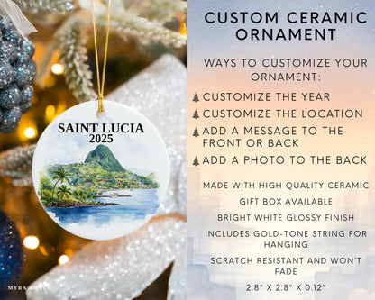 Custom Saint Lucia ceramic photo ornament with personalized message – handmade Christmas bauble, gift souvenir, or vacation keepsake. Infographic