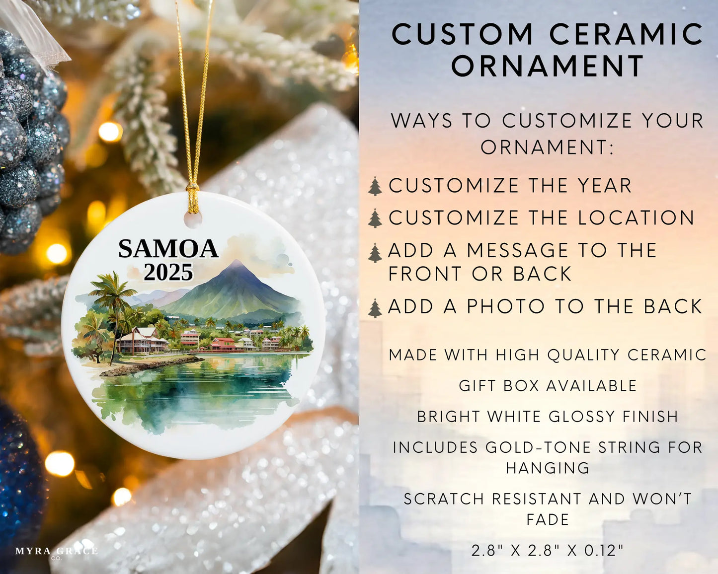 Custom Samoa ceramic photo ornament with personalized message – handmade Christmas bauble, gift souvenir, or vacation keepsake. Infographic