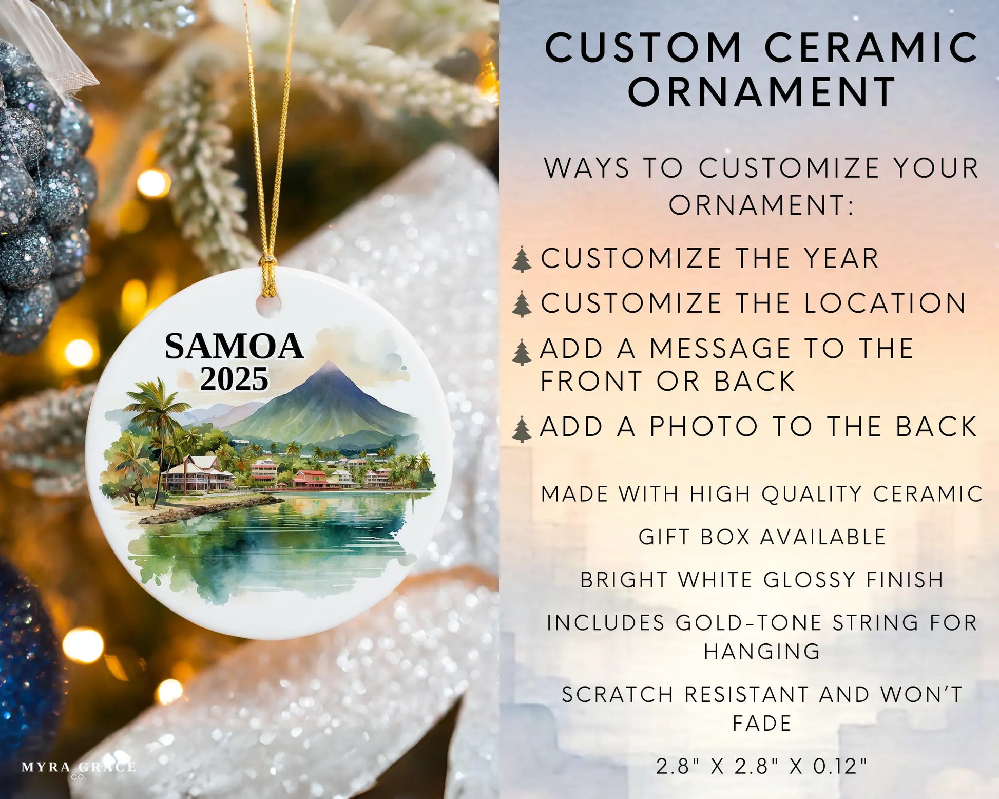 Custom Samoa ceramic photo ornament with personalized message – handmade Christmas bauble, gift souvenir, or vacation keepsake. Infographic
