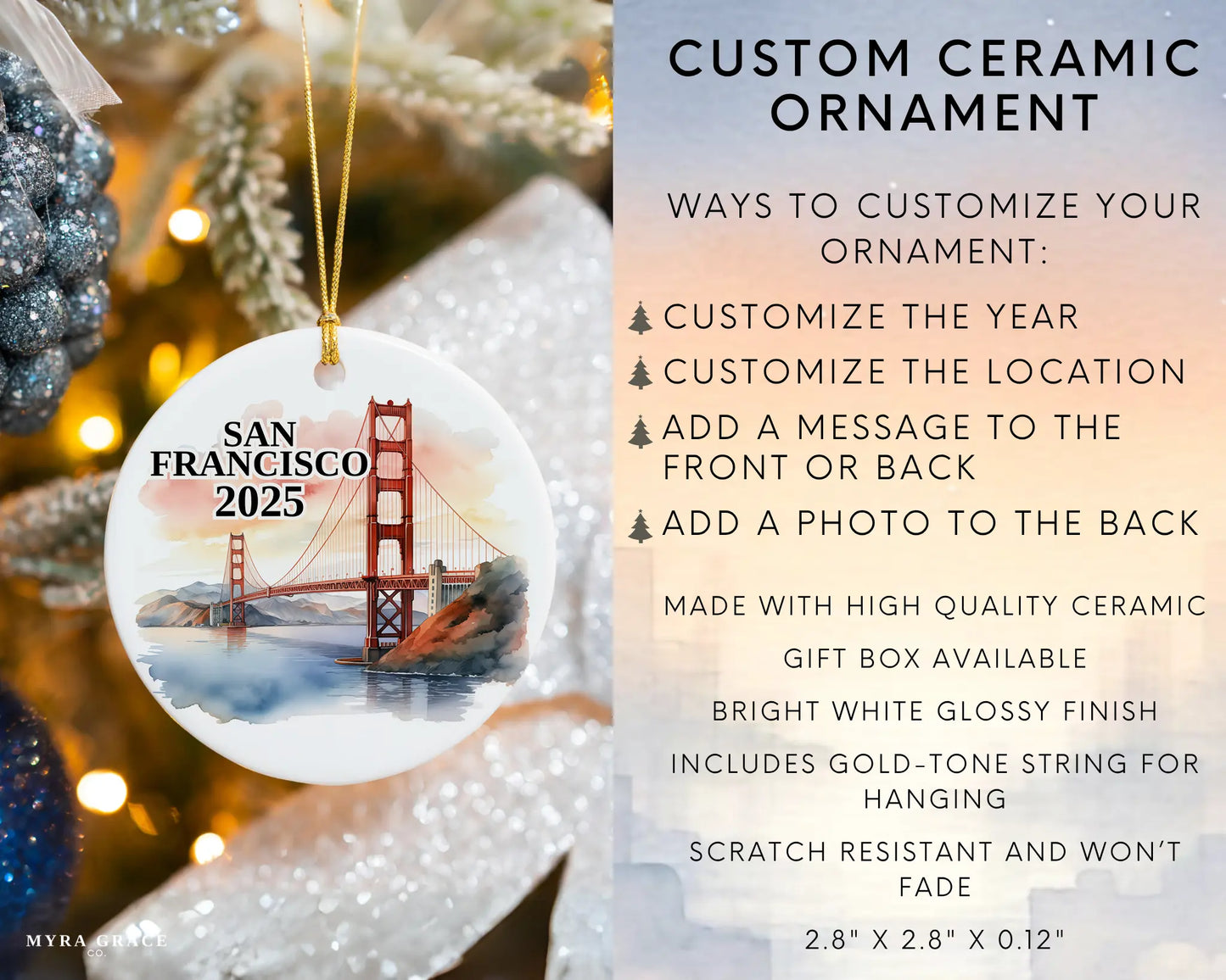 Custom San Francisco ceramic photo ornament with personalized message – handmade Christmas bauble, gift souvenir, or vacation keepsake. Infographic