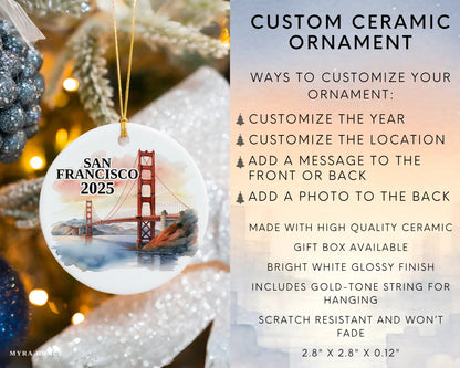 Custom San Francisco ceramic photo ornament with personalized message – handmade Christmas bauble, gift souvenir, or vacation keepsake. Infographic