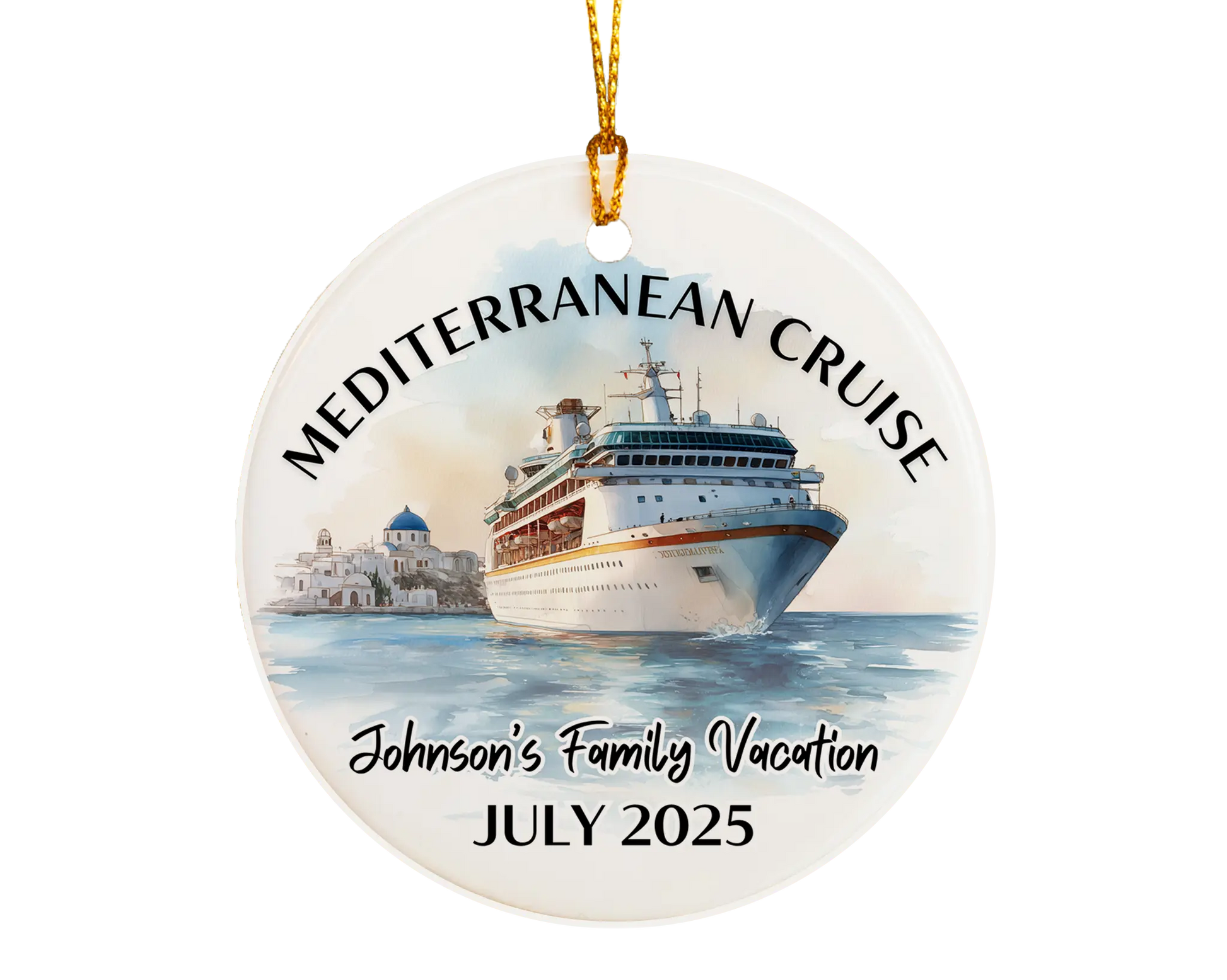Handmade ceramic Mediterranean cruise ornament with personalized location and photo – custom Christmas bauble or cruise vacation souvenir.