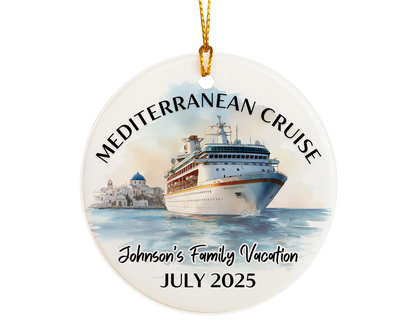 Handmade ceramic Mediterranean cruise ornament with personalized location and photo – custom Christmas bauble or cruise vacation souvenir.