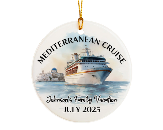Handmade ceramic Mediterranean cruise ornament with personalized location and photo – custom Christmas bauble or cruise vacation souvenir.
