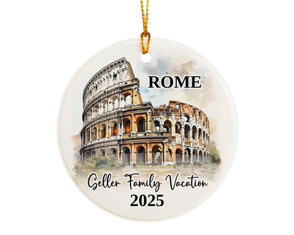 Custom vacation Rome Colosseum ceramic photo ornament with personalized message – handmade Christmas bauble, gift souvenir, or vacation keepsake. 