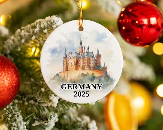 Custom Germany ceramic photo ornament with personalized message – handmade Christmas bauble, gift souvenir, or vacation keepsake.  