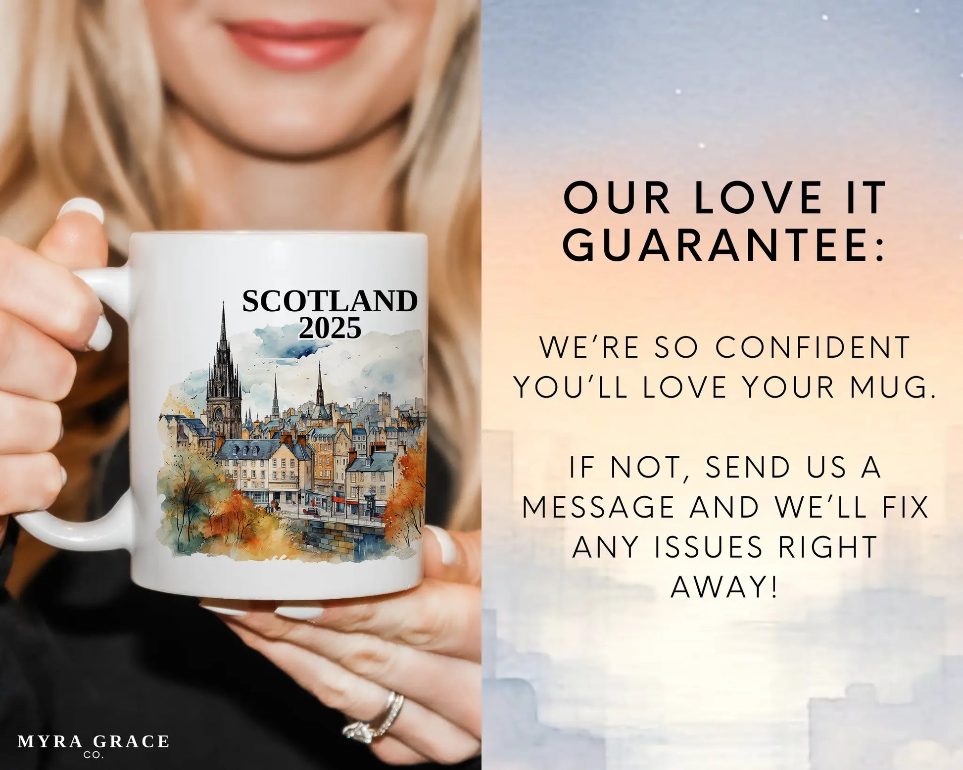 Custom ceramic Edinburgh Scotland vacation mug with watercolor location design, date, and personal photo – personalized travel gift or photo mug. Love it guarantee