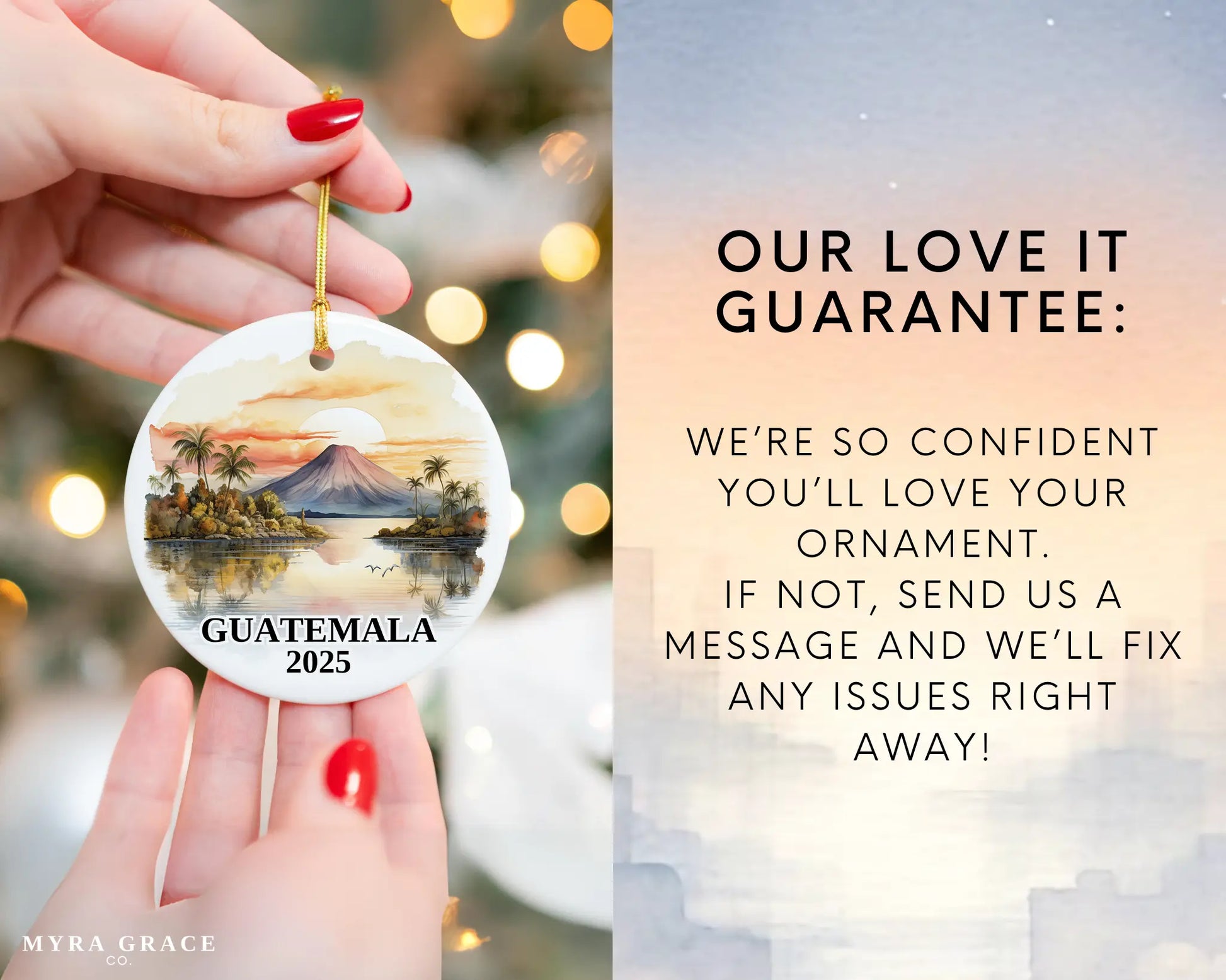 Custom Guatemala ceramic photo ornament with personalized message – handmade Christmas bauble, gift souvenir, or vacation keepsake. Love it guaratee