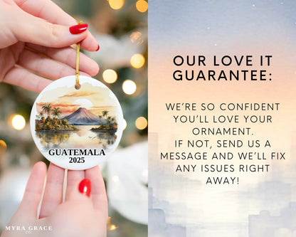 Custom Guatemala ceramic photo ornament with personalized message – handmade Christmas bauble, gift souvenir, or vacation keepsake. Love it guaratee