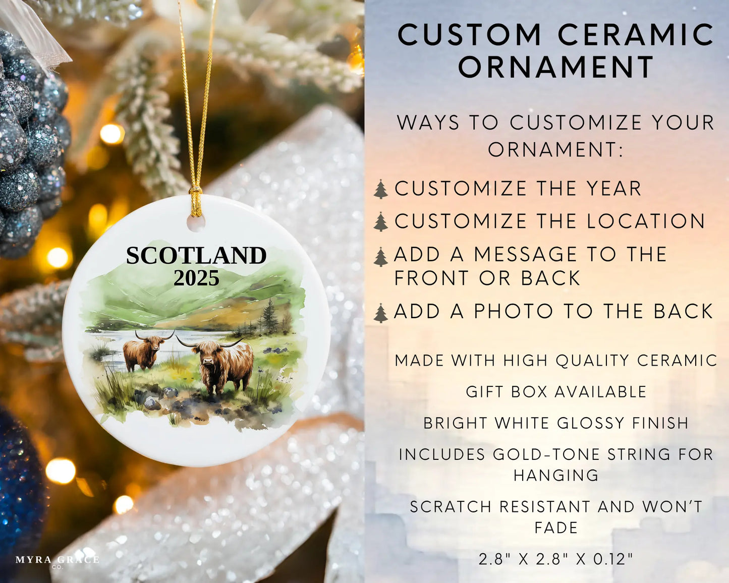 Custom Scotland Highland Cows ceramic photo ornament with personalized message – handmade Christmas bauble, gift souvenir, or vacation keepsake. Infographic