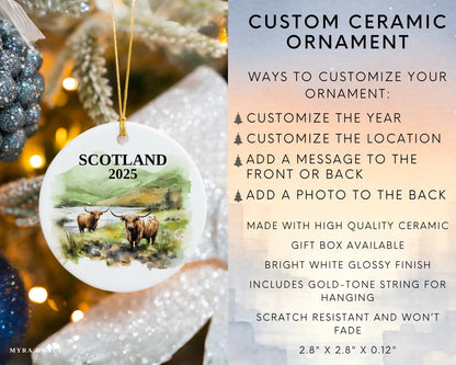 Custom Scotland Highland Cows ceramic photo ornament with personalized message – handmade Christmas bauble, gift souvenir, or vacation keepsake. Infographic