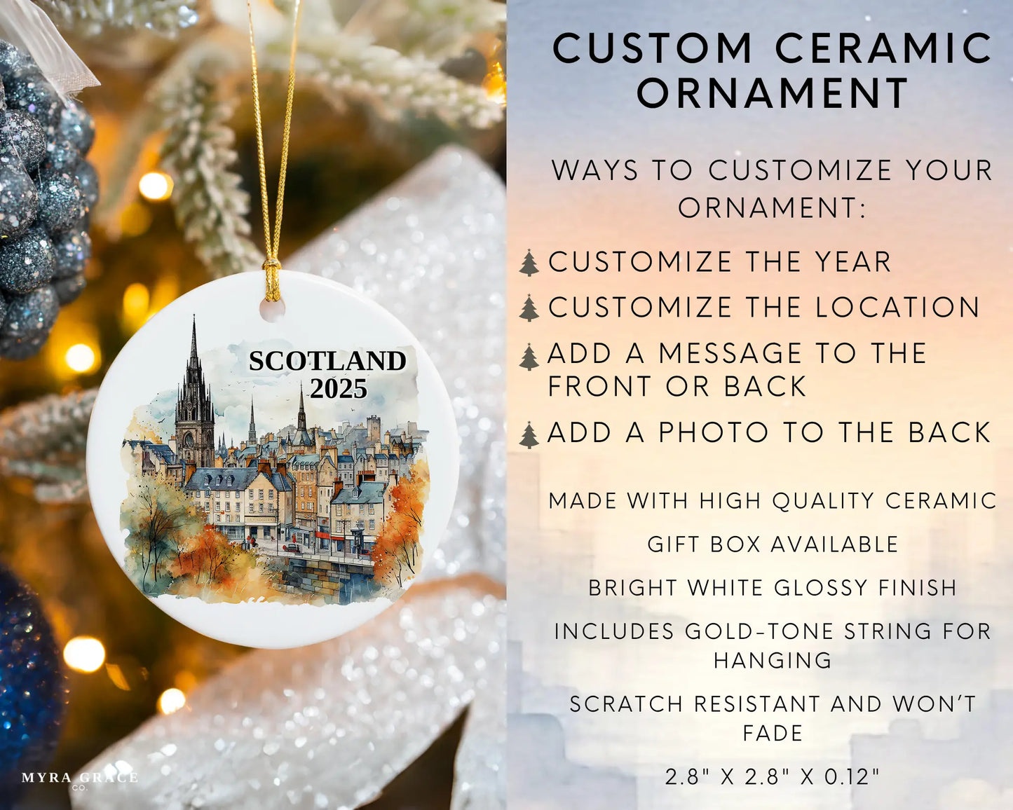 Custom Scotland Edinburgh ceramic photo ornament with personalized message – handmade Christmas bauble, gift souvenir, or vacation keepsake. Infographic