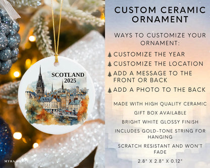 Custom Scotland Edinburgh ceramic photo ornament with personalized message – handmade Christmas bauble, gift souvenir, or vacation keepsake. Infographic