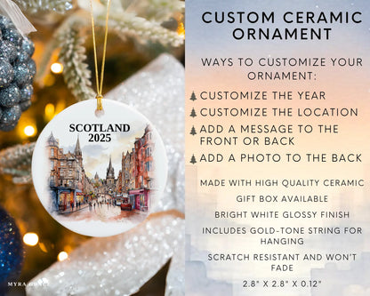 Custom Scotland ceramic photo ornament with personalized message – handmade Christmas bauble, gift souvenir, or vacation keepsake. Infographic