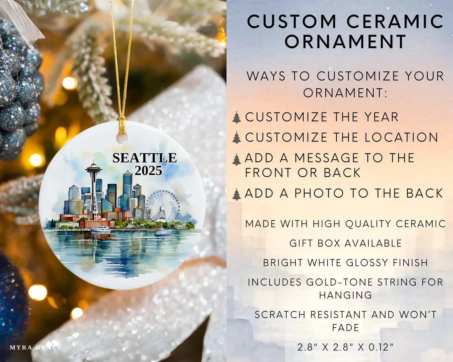 Custom Seattle ceramic photo ornament with personalized message – handmade Christmas bauble, gift souvenir, or vacation keepsake. Infographic