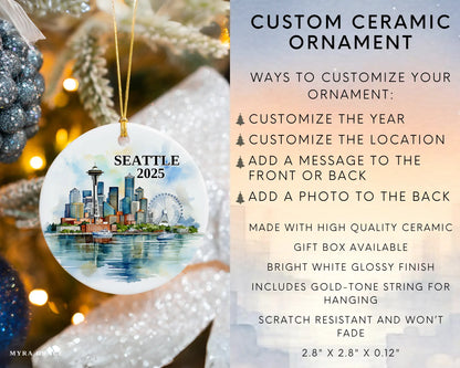 Custom Seattle ceramic photo ornament with personalized message – handmade Christmas bauble, gift souvenir, or vacation keepsake. Infographic