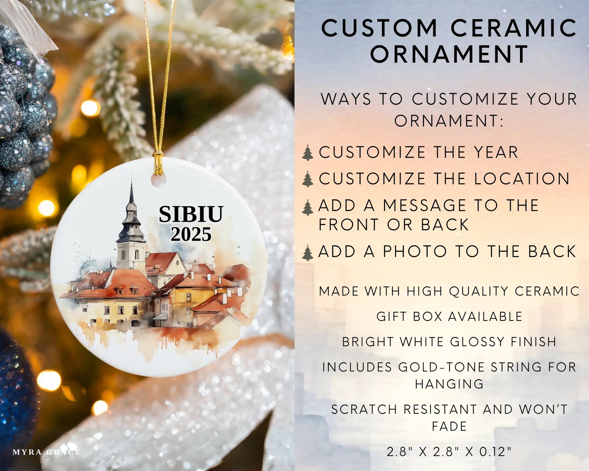 Custom Sibiu Romania ceramic photo ornament with personalized message – handmade Christmas bauble, gift souvenir, or vacation keepsake. Infographic