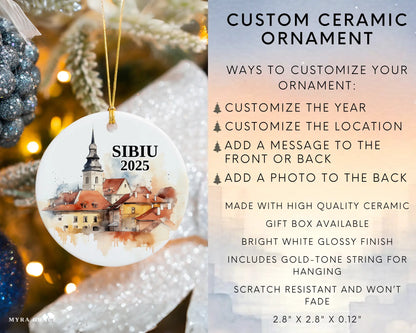 Custom Sibiu Romania ceramic photo ornament with personalized message – handmade Christmas bauble, gift souvenir, or vacation keepsake. Infographic