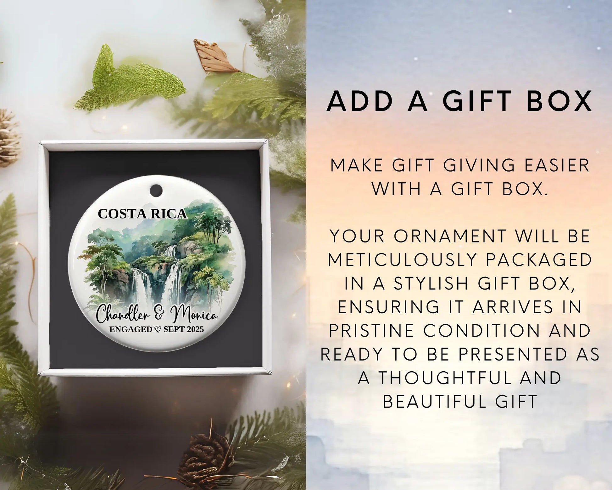 Costa Rica Engagement Ornament Custom Gift Souvenir Bauble Present. Add Gift box