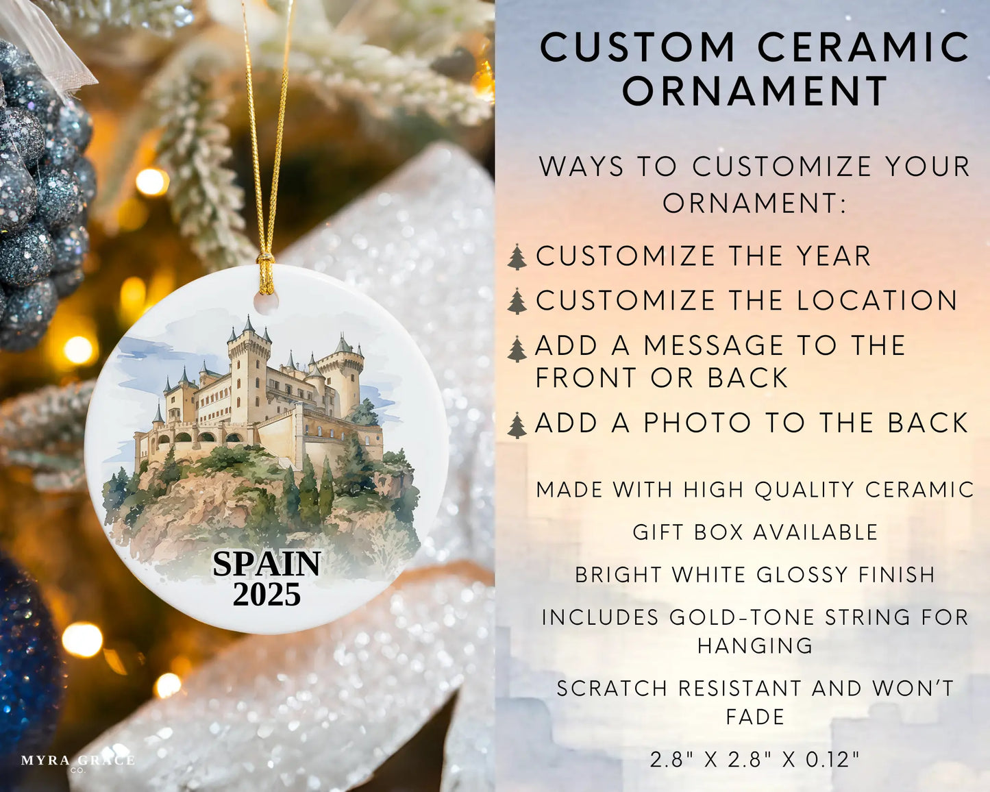 Custom Spain ceramic photo ornament with personalized message – handmade Christmas bauble, gift souvenir, or vacation keepsake. Infographic