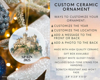 Custom Spain ceramic photo ornament with personalized message – handmade Christmas bauble, gift souvenir, or vacation keepsake. Infographic