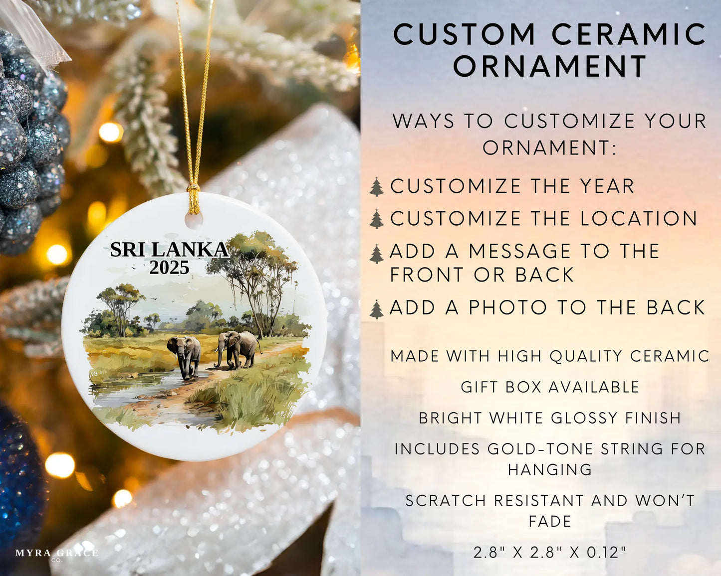 Custom Sri Lanka ceramic photo ornament with personalized message – handmade Christmas bauble, gift souvenir, or vacation keepsake. Infographic
