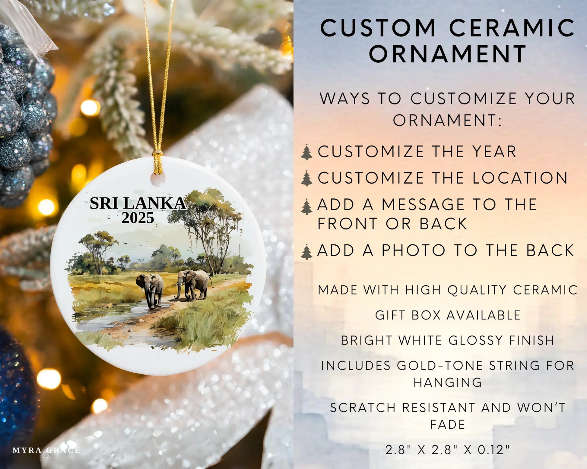 Custom Sri Lanka ceramic photo ornament with personalized message – handmade Christmas bauble, gift souvenir, or vacation keepsake. Infographic
