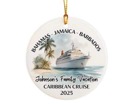 Handmade ceramic Caribbean cruise ornament with personalized location and photo – custom Christmas bauble or cruise vacation souvenir.
