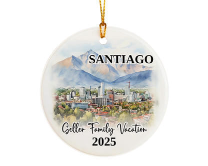 Custom vacation Santiago Chile ceramic photo ornament with personalized message – handmade Christmas bauble, gift souvenir, or vacation keepsake. 
