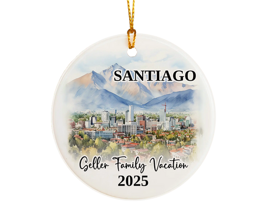 Custom vacation Santiago Chile ceramic photo ornament with personalized message – handmade Christmas bauble, gift souvenir, or vacation keepsake. 