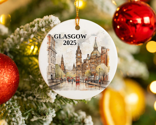Custom Glasgow Scotland ceramic photo ornament with personalized message – handmade Christmas bauble, gift souvenir, or vacation keepsake.  