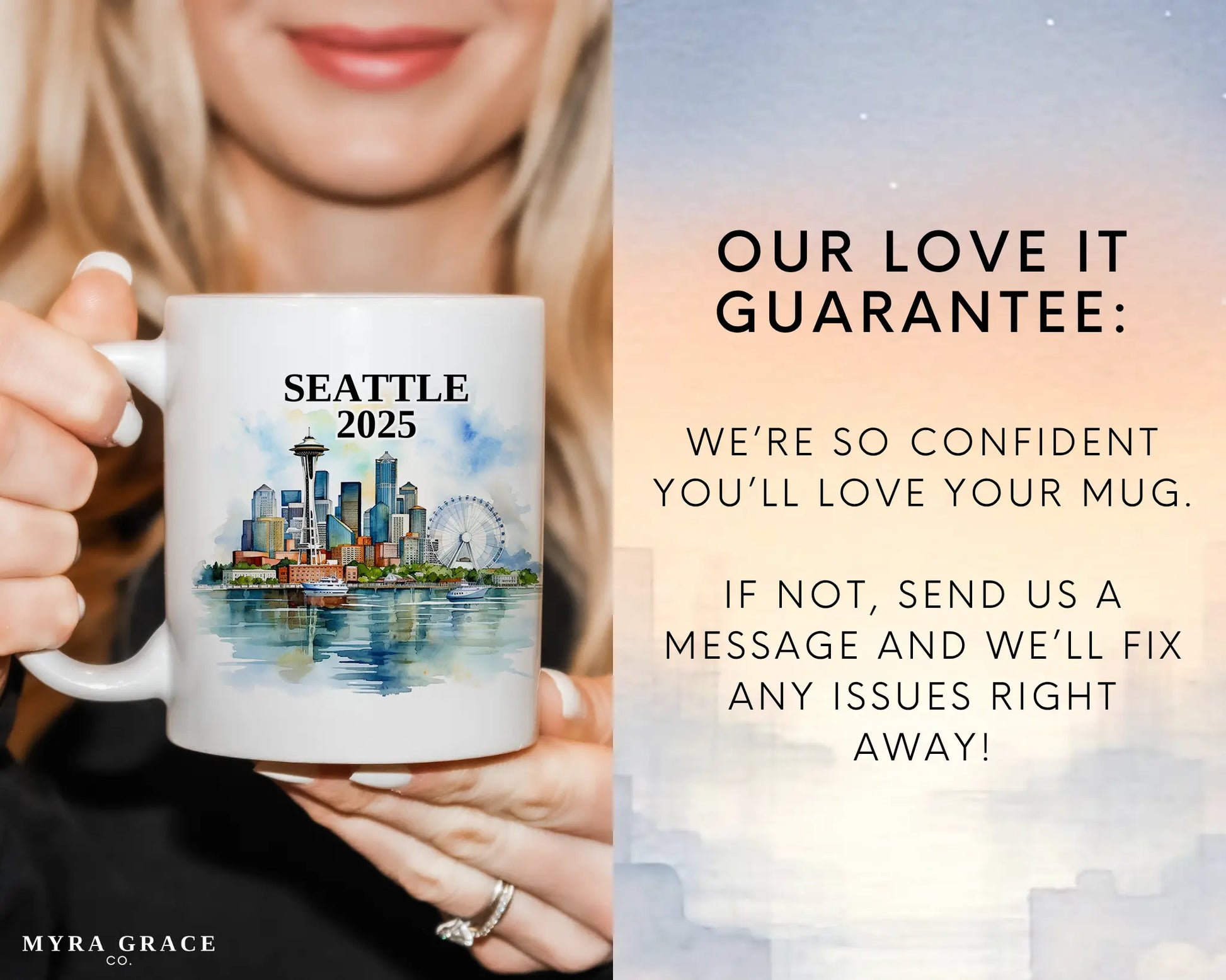 Custom ceramic Seattle vacation mug with watercolor location design, date, and personal photo – personalized travel gift or photo mug. Love it guarantee