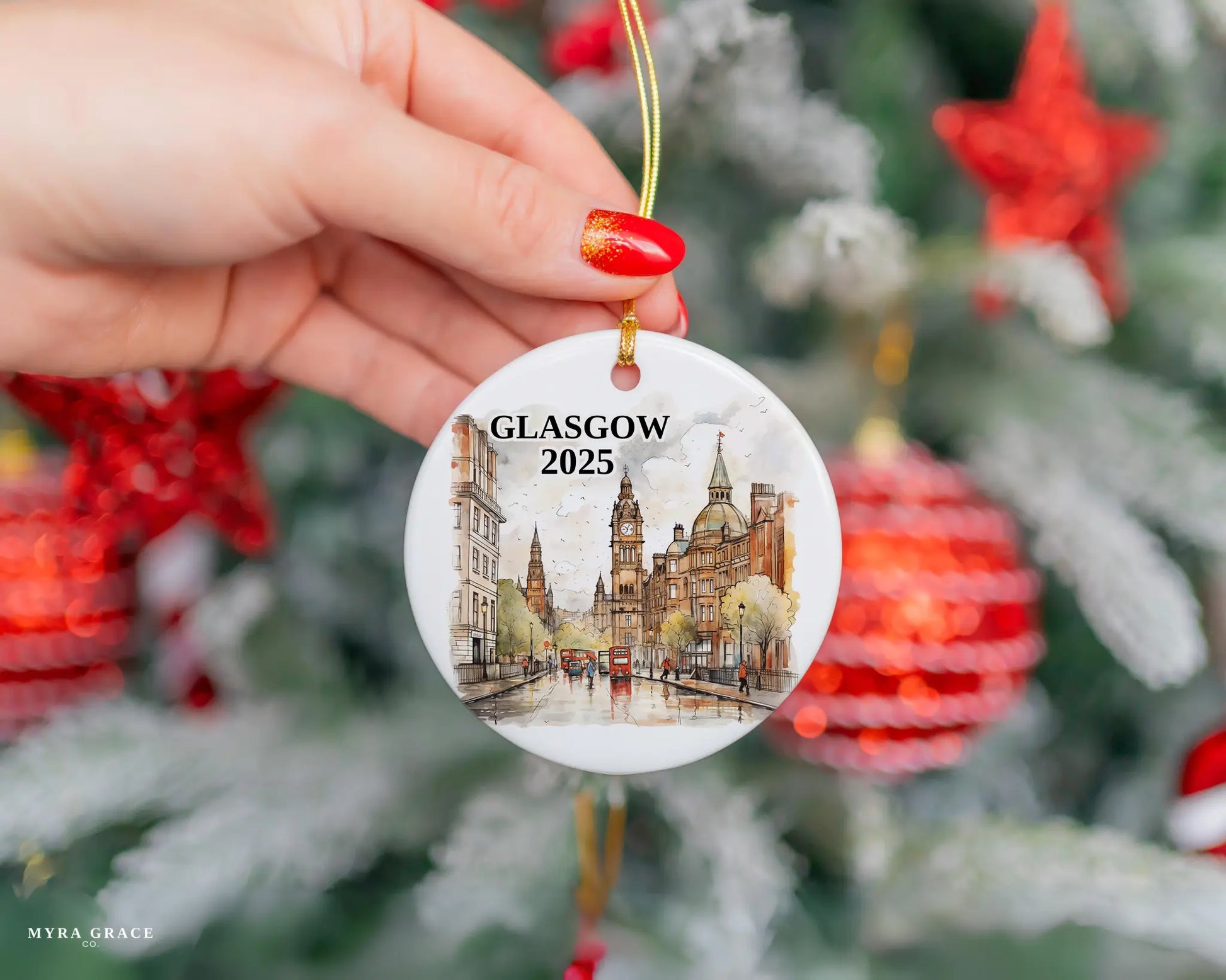Custom Glasgow Scotland ceramic photo ornament with personalized message – handmade Christmas bauble, gift souvenir, or vacation keepsake.  