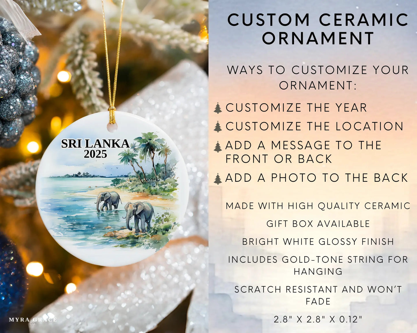 Custom Sri Lanka ceramic photo ornament with personalized message – handmade Christmas bauble, gift souvenir, or vacation keepsake. Infographic