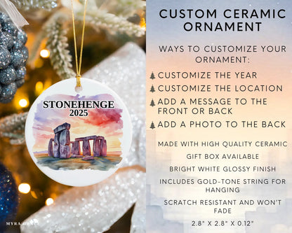 Custom Stonehenge ceramic photo ornament with personalized message – handmade Christmas bauble, gift souvenir, or vacation keepsake. Infographic