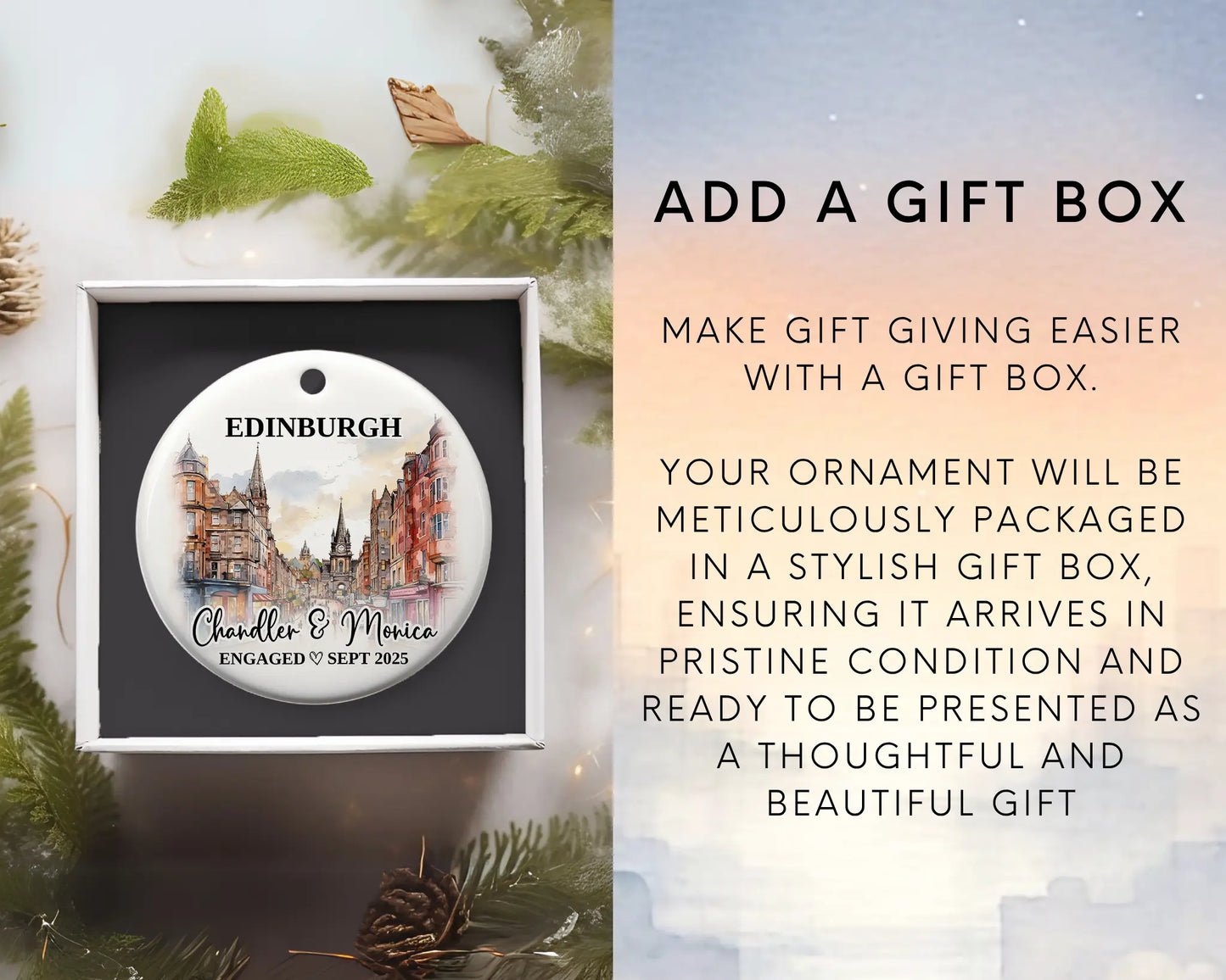 Edinburgh Engagement Ornament Custom Gift Souvenir Bauble Present. Add gift box