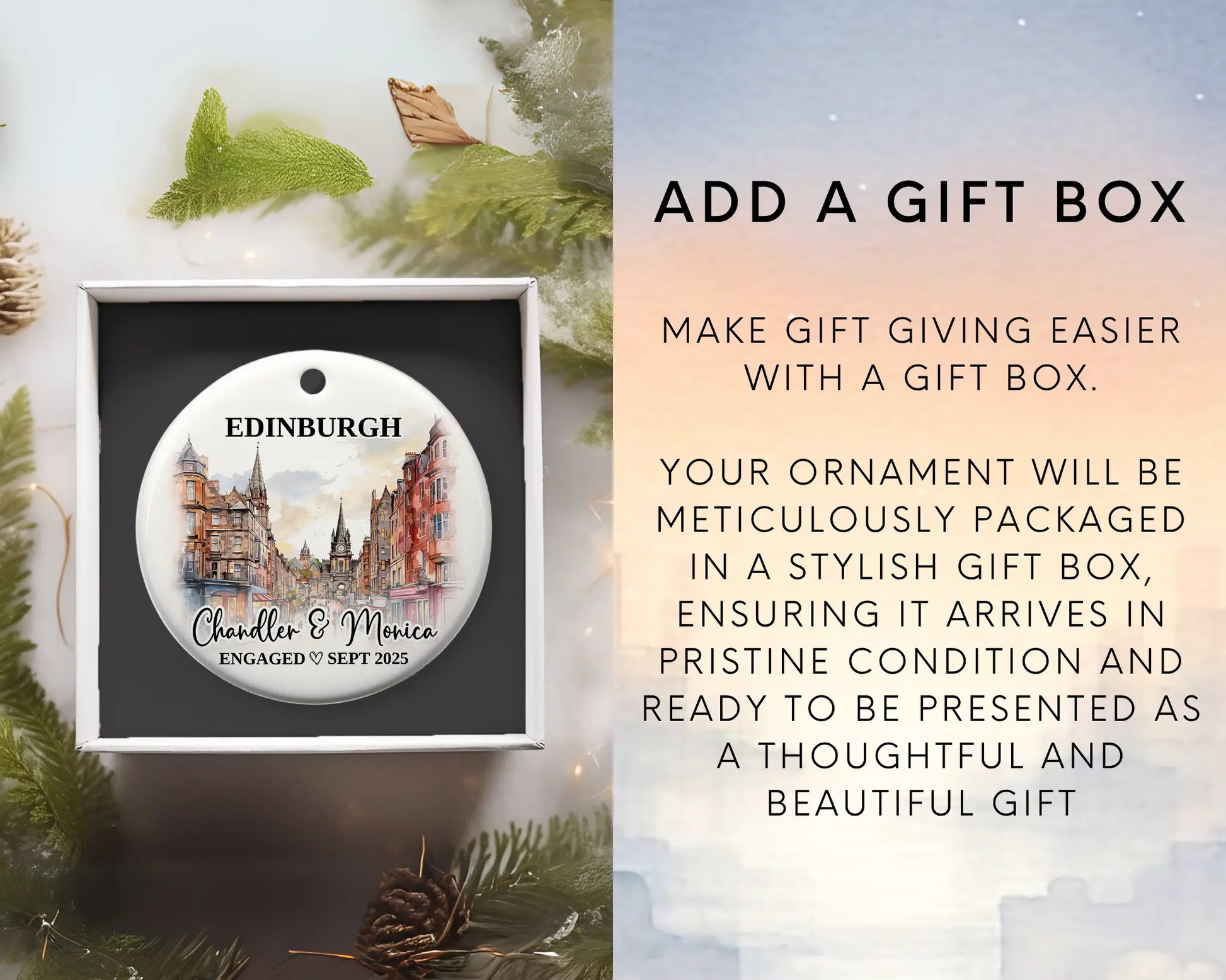 Edinburgh Engagement Ornament Custom Gift Souvenir Bauble Present. Add gift box