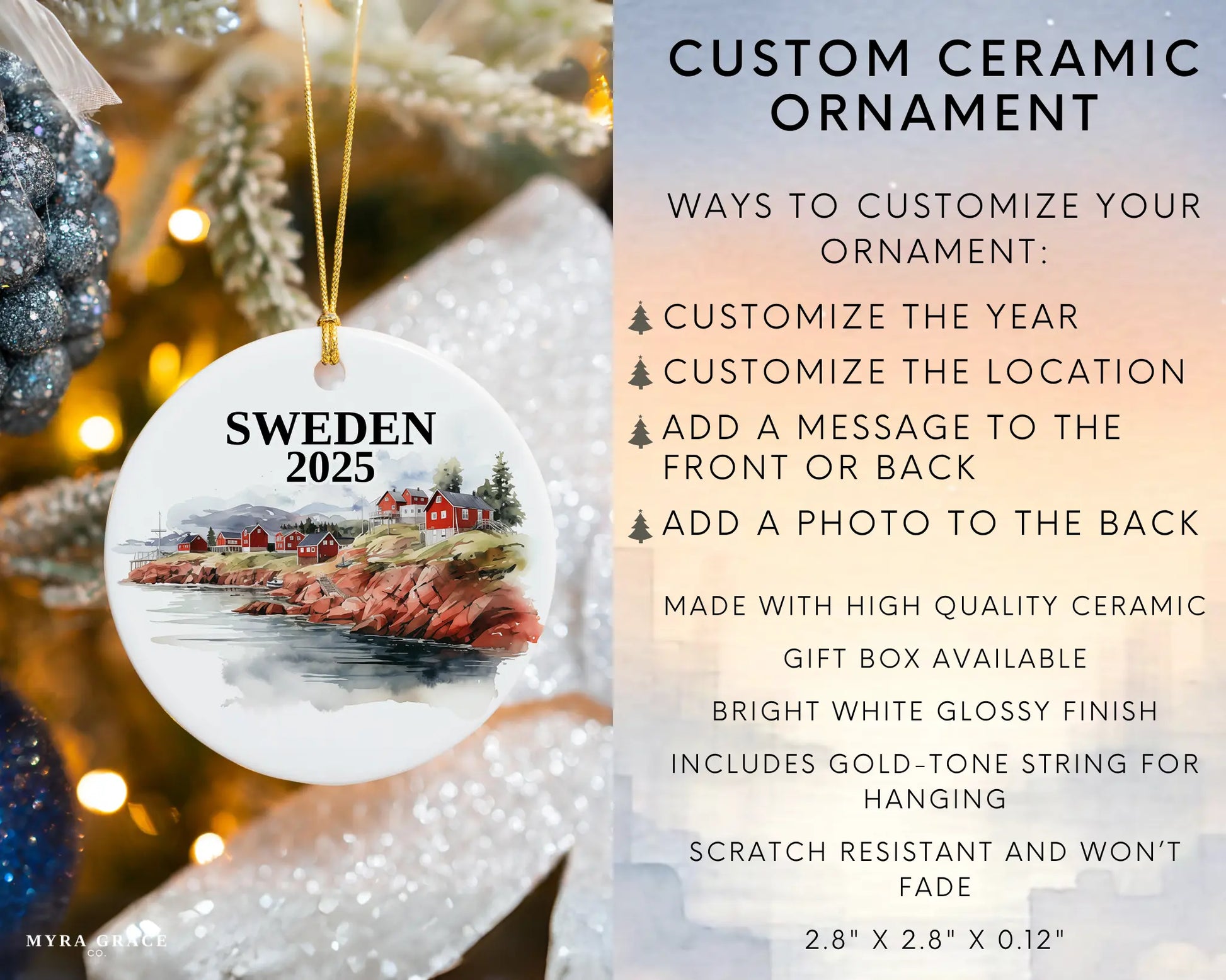 Custom Sweden ceramic photo ornament with personalized message – handmade Christmas bauble, gift souvenir, or vacation keepsake. 