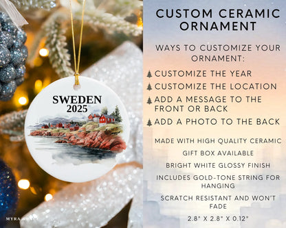 Custom Sweden ceramic photo ornament with personalized message – handmade Christmas bauble, gift souvenir, or vacation keepsake. 